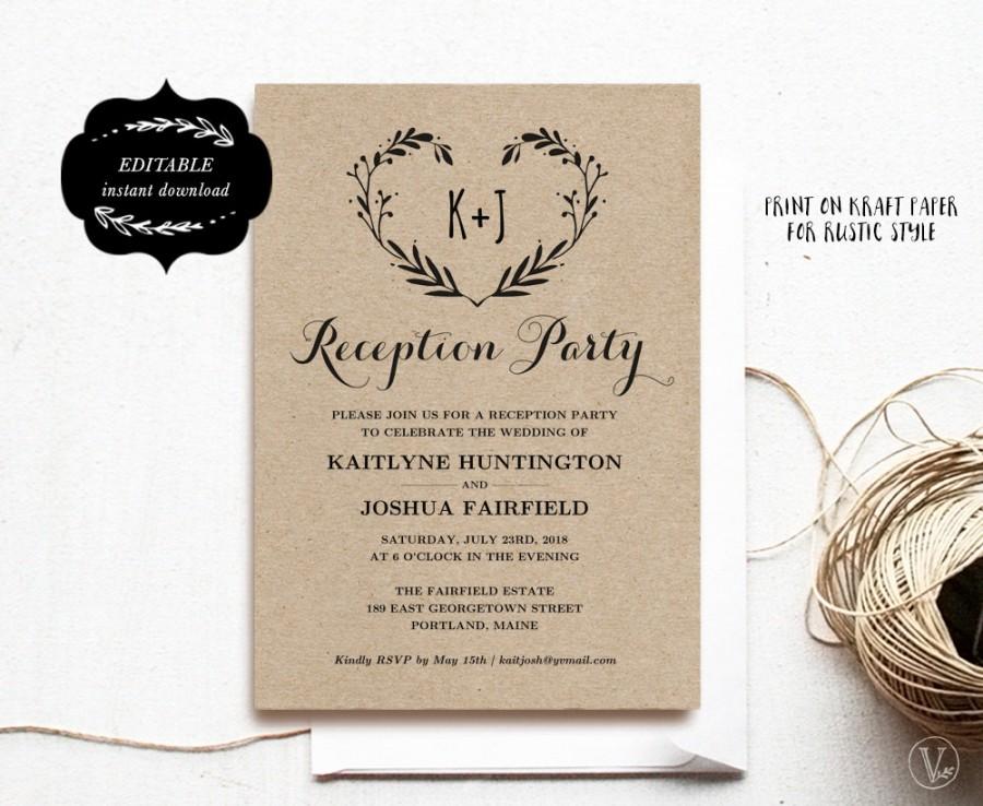 Mariage - Wedding Reception Party Invitation Template, Kraft Reception Card, Instant DOWNLOAD - EDITABLE Text - 5x7, RP005, VW08