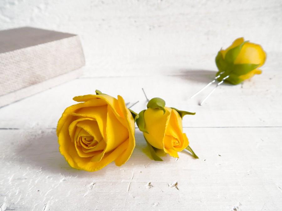 Wedding - Rose hair pin, Floral hair pins, Flower hair piece, Yellow small roses, Real flowers, Flower accessory, Wedding hair pins, Bridal hairpiece - $16.00 USD