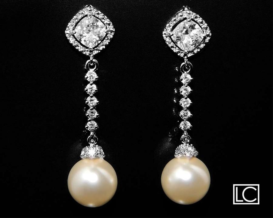 Mariage - Pearl Cubic Zirconia Bridal Earrings Swarovski 10mm Cream Ivory Pearl Earrings Wedding Pearl Silver CZ Dangle Earrings Prom Pearl Earrings - $32.90 USD