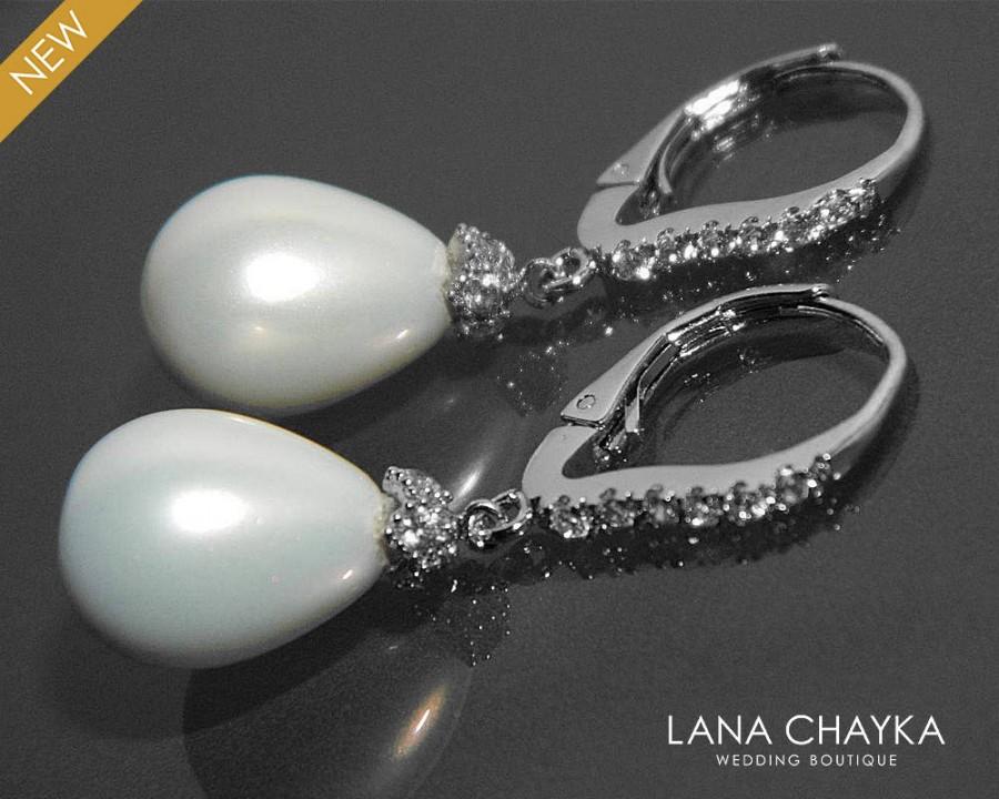 Mariage - White Teardrop Pearl Bridal Earrings Pearl CZ Leverback Wedding Earrings White Pearl Silver Dangle Earring Prom Pearl Jewelry Bridal Jewelry - $27.90 USD