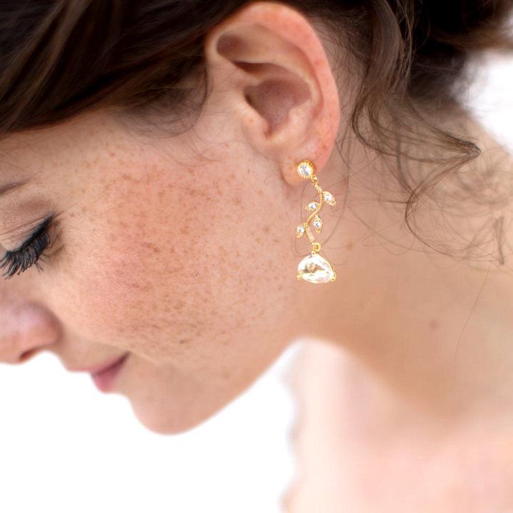 Hochzeit - Cubic Zirconia Bridal Earrings CZ vine Cut Bridal Earrings, Bridal Earrings, Rose gold Earring, French jewelry, Vine bridal earring