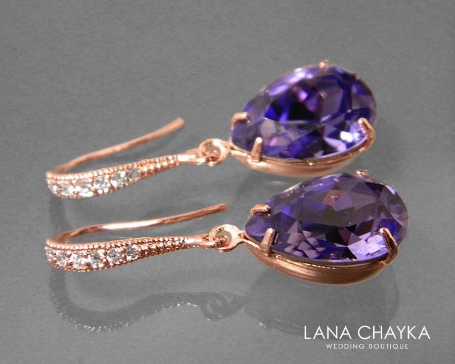 Wedding - Tanzanite Rose Gold Crystal Earrings Swarovski Tanzanite Rhinestone Earrings Violet Purple Rose Gold Earrings Bridesmaids Wedding Jewelry - $25.00 USD