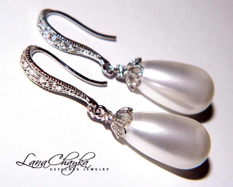 Hochzeit - Wedding White Teardrop Pearl Earrings Swarovski Pearl Bridal Earrings White Pearl Cz Sterling Silver Earrings Bridal Jewelry Pearl Earrings - $25.90 USD