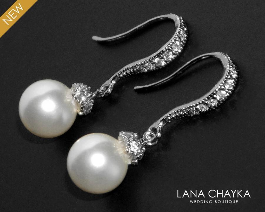 Hochzeit - White Pearl Small Earrings Bridal Pearl Drop Earrings Sterling Silver CZ Pearl Earrings Swarovski 8mm Pearl Earrings Bridal Pearl Jewelry - $24.90 USD
