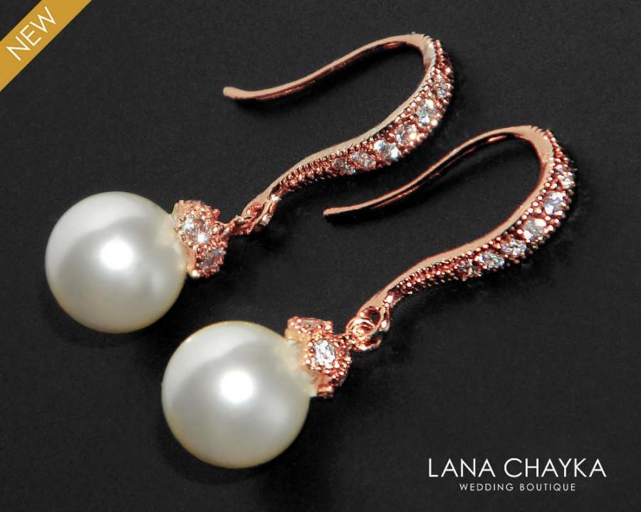 Mariage - White Pearl Rose Gold Bridal Earrings Swarovski 8mm Pearl CZ Earrings Bridal Pearl Drop Earrings Wedding Rose Gold Small Earrings Bridesmaid - $24.90 USD