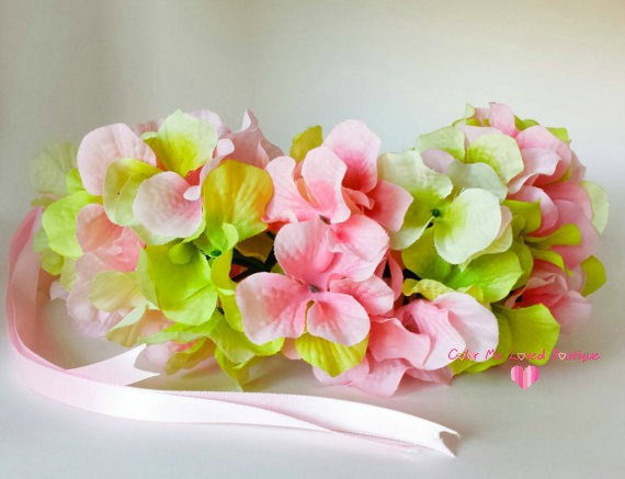 Wedding - Pink Springtime Flower Crown - Faux Hydrangeas - Pick Your Ties - Ribbon - Lace - Tulle - Newborn to Adult