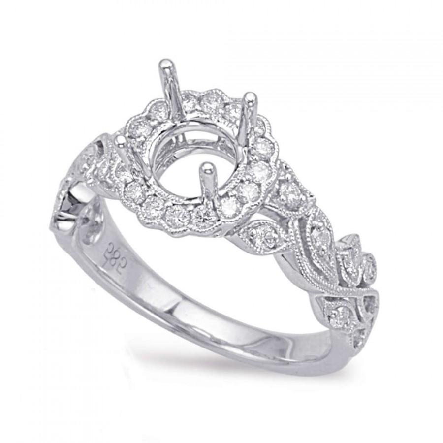 Wedding - Diamond Vintage Milgrain Halo & Leaf Ring 14k White Gold, (6.5mm) 1.00 Carat Round Forever One Moissanite (optional), Engagement Rings - $1550.00 USD