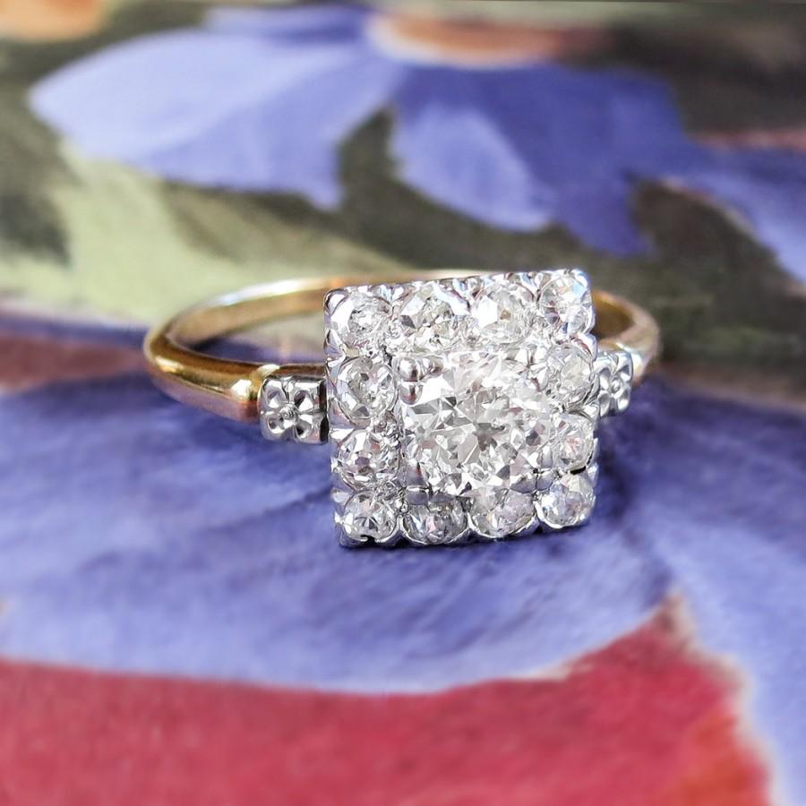 Hochzeit - Art Deco Vintage 1930's Old European Cut Diamond Halo Engagement Wedding Anniversary Ring 14k White Yellow Gold