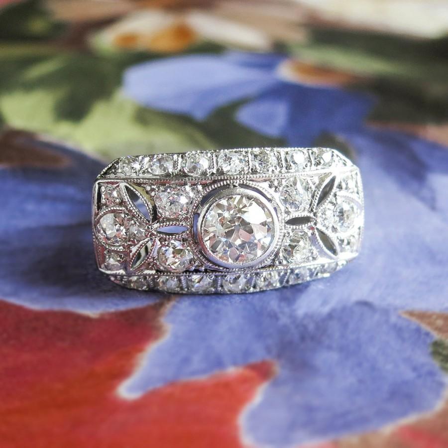Wedding - Vintage Art Deco 1930's Old European Cut Diamond Filigree Anniversary Engagement Ring Platinum