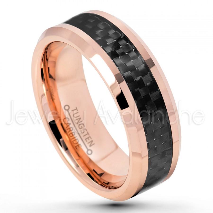 Hochzeit - Rose Gold Tungsten Ring, 8mm Beveled Edge Tungsten Wedding Band, Comfort Fit Tungsten Carbide Ring w/ Black Carbon Fiber Inlay TN328PL