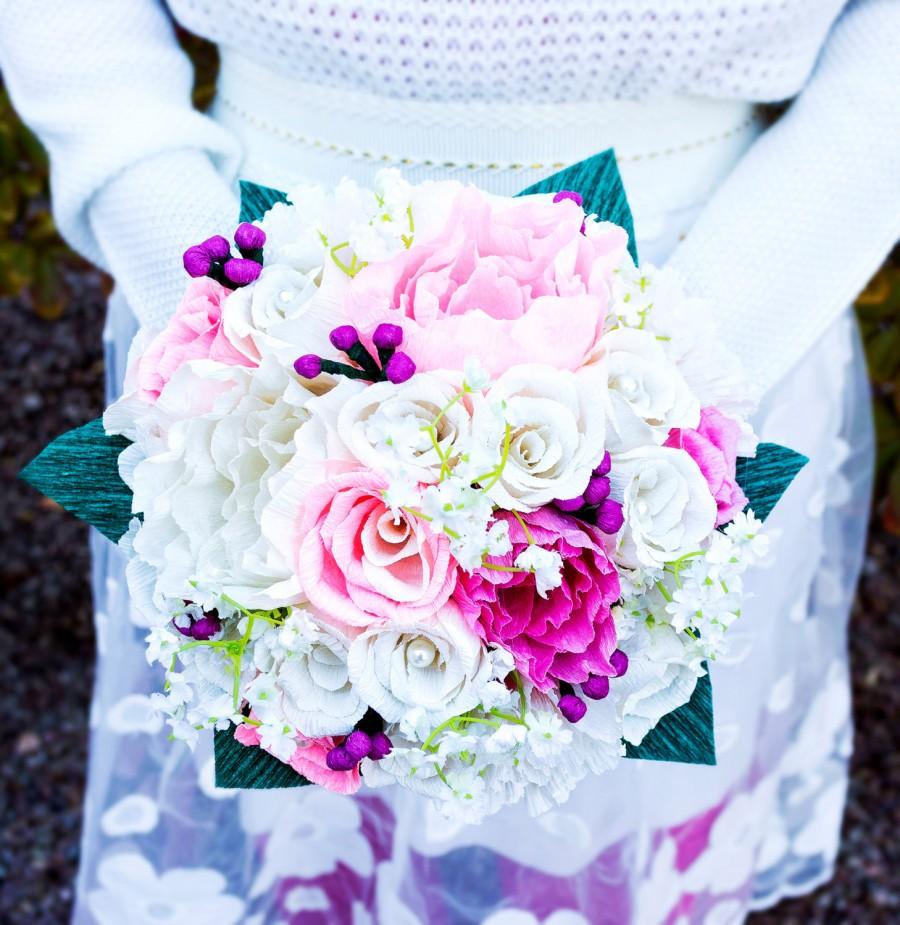 Mariage - Handmade crepe paper flower bouquet, paper flowers, wedding bouquet, bridesmaid bouquet,  decoration, Summer, Spring, bridal bouquet