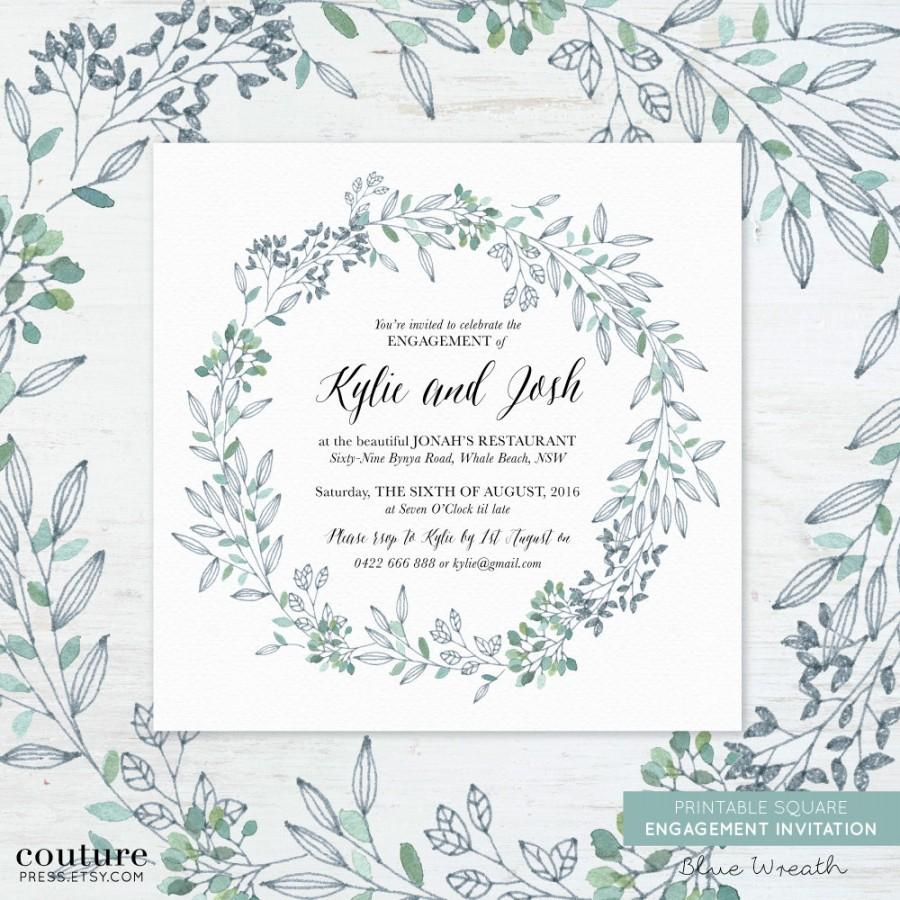 Свадьба - Printable Engagement Party Invitation, Engagement Party Invite, Engagement Dinner, DIY Printable, Watercolour Blue Green Wreath