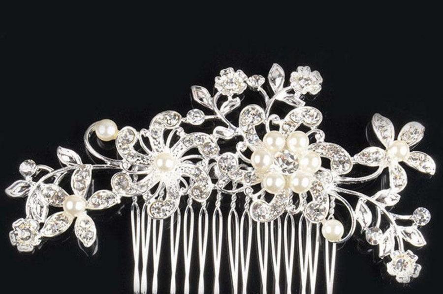 Mariage - Crystal Rhinestone Wedding Flower Pearls Hair Clip Hair Comb Women Bride