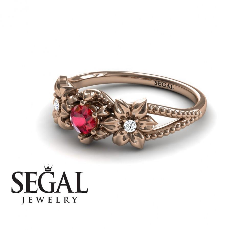 Wedding - Unique Flower Engagement Ring 14K Red Gold Flowers Art Deco Filigree Ring Ruby With White diamond - Kennedy Engagement Ring