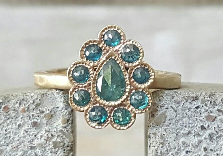 Wedding - Blue diamond pear ring-rose cut diamond ring-blue diamond gold ring- gold diamond ring-engagement ring-pear ring-pear diamond ring