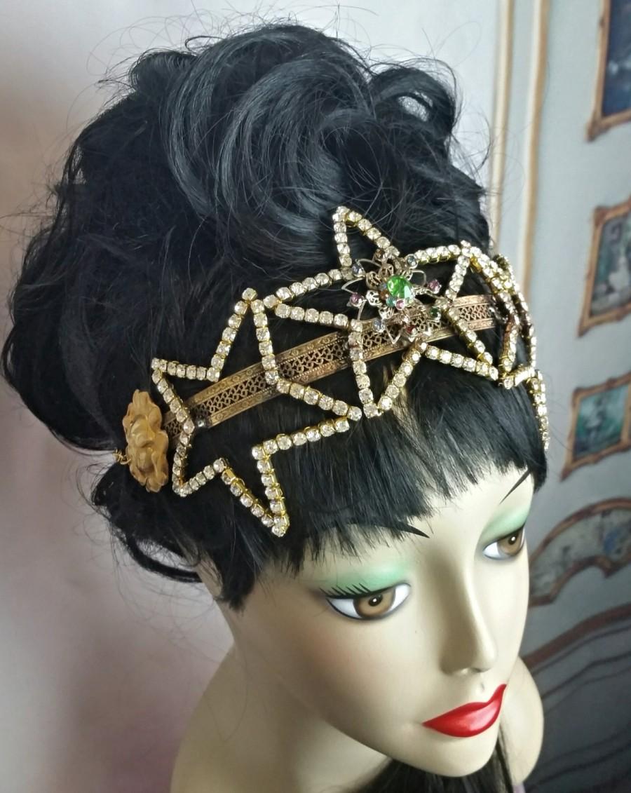 Mariage - Vintage Art Deco Rhinestone Stars Headpiece Boho Tiara Shabby Chic Flapper Gatsby