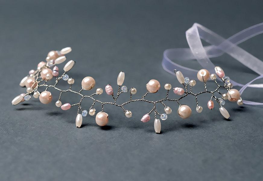 Mariage - Freshwater pearl vine, wedding headpiece, bridal hair vine, pink pearl headband, bridesmaid wreath, wire wrapped tiara, wedding hair vine
