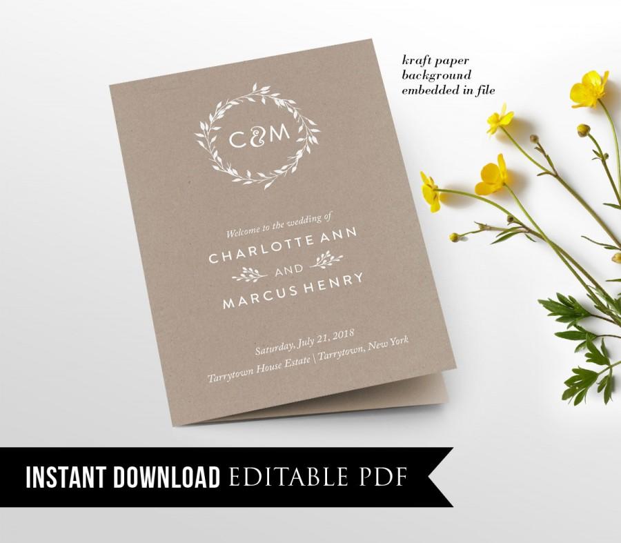 Свадьба - Wedding Program Template, Kraft Program Printable, Order of Service Template, Instant Download, DIY Rustic Wedding, Editable PDF Template