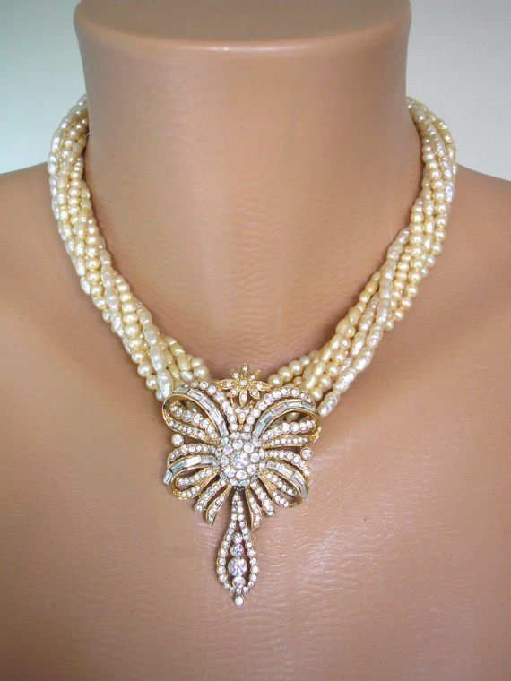 زفاف - Pearl Statement Necklace, Vintage M&S, Twisted Pearl Choker, Rice Pearls, Pearl Necklace, Bridal Choker, Wedding Accessories, Cream Pearls