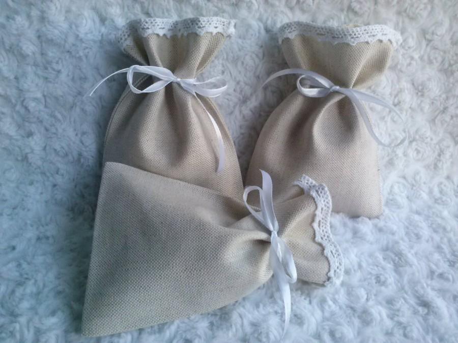 Hochzeit - Wedding Bags, Set of 3 - Wedding Favor Bags White Linen Favor Bags, Linen Favor Bags Lace Favor Bags, Christening Favor, Baby Shower Gift