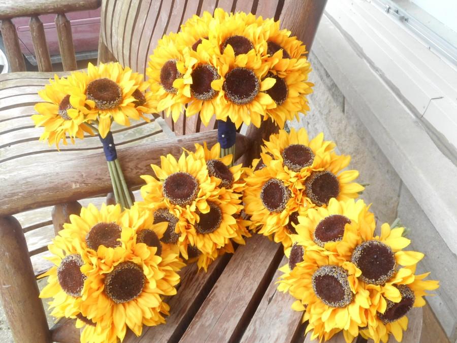 زفاف - Sunflower Bridal Bouquet and Grooms Boutonniere or Bridesmaids and Groomsmen / Silk Wedding Flowers / 12 Pc. Sunflower Wedding Set