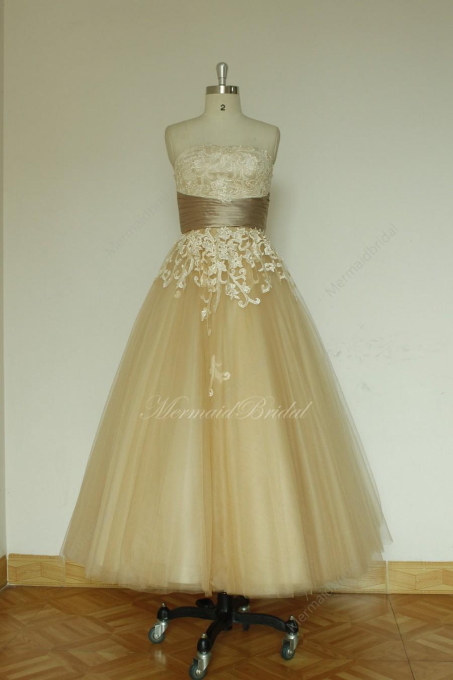 Wedding - Champange tea lenghth lace wedding dress,destination, outdoor wedding dress,Elopement Dress