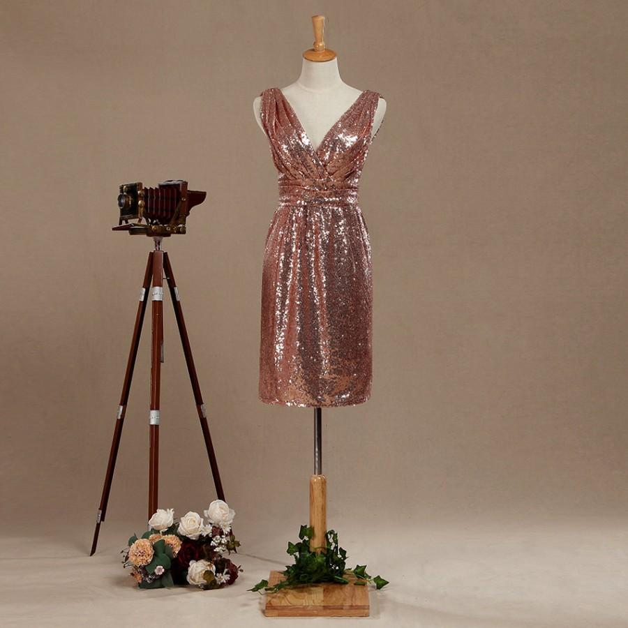 زفاف - Rose Gold Sequined bridesmaid dress ,Column V-neck with ruching, Sequins Prom, Metallic Sparkle Evening dress,V-back Luxury knee length