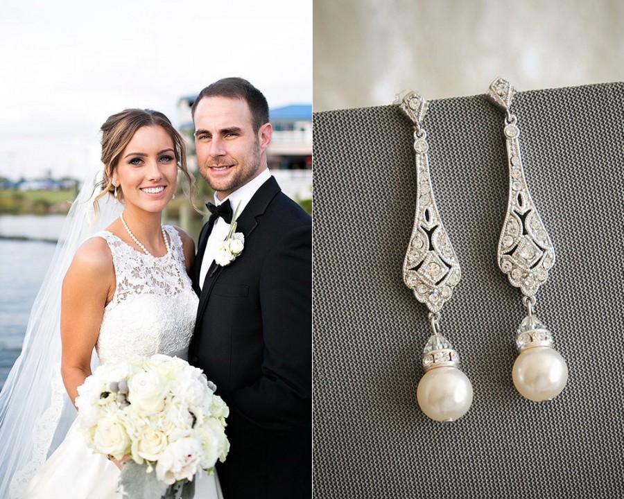 Hochzeit - Bridal Earrings, Wedding Earrings, Swarovski Pearl Drop Dangle Earrings, Vintage Style Earrings, Old Hollywood Wedding Jewelry, TRISSIE