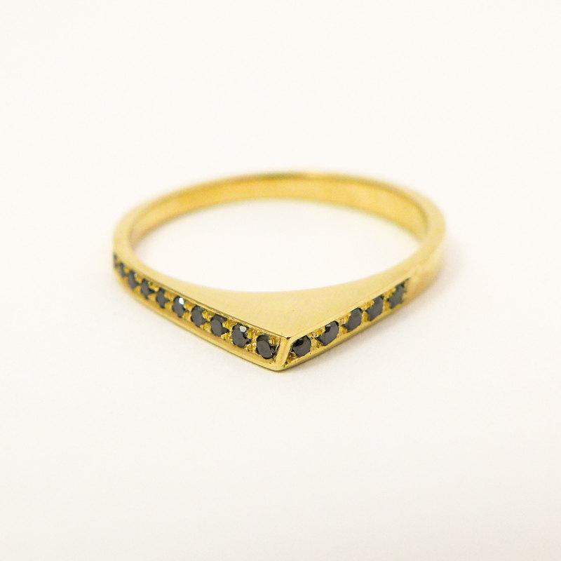Wedding - Black diamonds ring, Geometric engagement ring, Thin 14 k gold and diamonds engagement ring, Modern engagement ring, Triangle wedding band