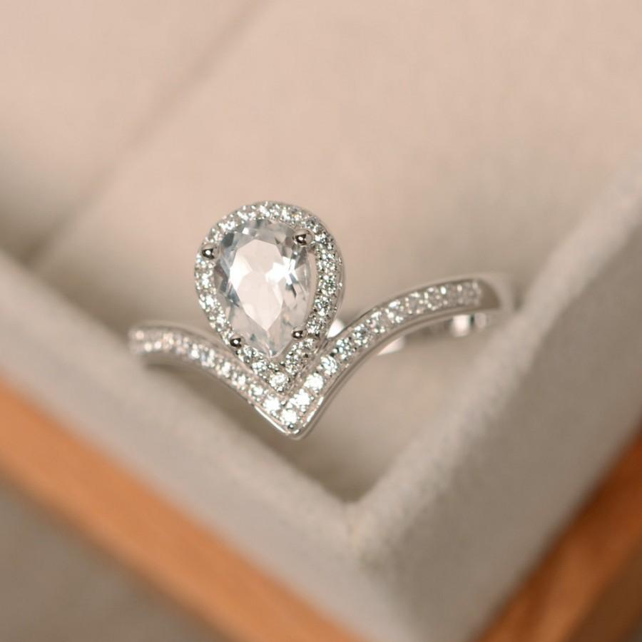 زفاف - White topaz ring, pear cut ring, natural white topaz, silver