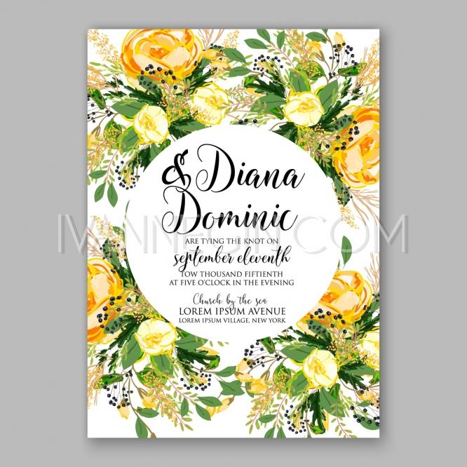 Mariage - Wedding invitation card Template Yellow rose Floral Printable Gold Bridal Shower Invitation Suite Bo - Unique vector illustrations, christmas cards, wedding invitations, images and photos by Ivan Negin