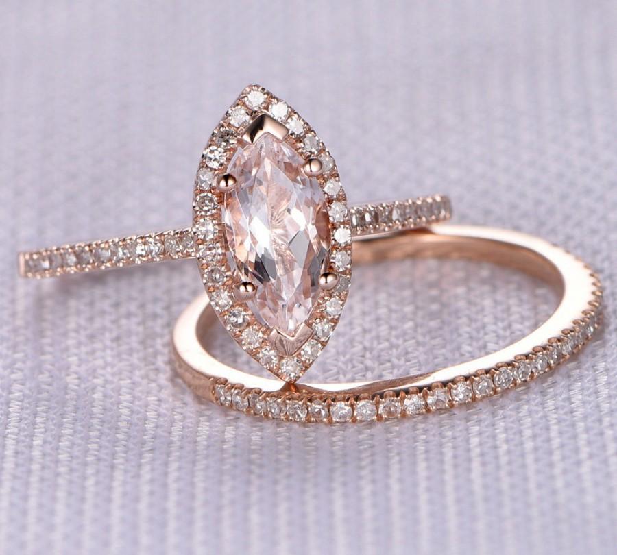 Wedding - 2pcs Wedding Ring Set,Morganite Engagement ring,14k Rose gold, diamond Matching Band,1ct Marquise Stone,Personalized for her/him,Custom ring