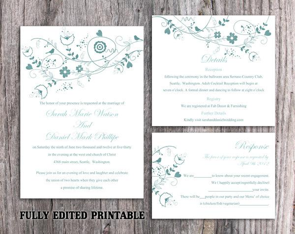Mariage - Printable Wedding Invitation Suite Printable Invitation Floral Bird Wedding Invitation Blue Invitation Download Invitation Edited PDF file - $13.00 USD