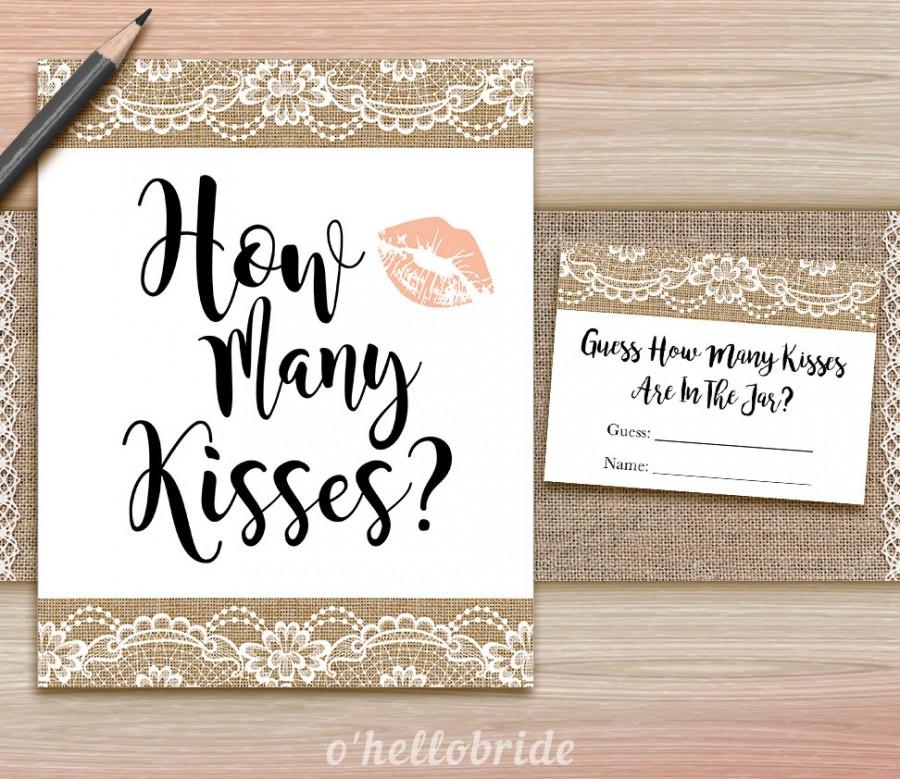 Свадьба - Guess How Many Kisses Game - Printable Rustic Burlap Lace Bridal Shower Kisses Game  - Hen Party Games - Bachelorette Party Games 017