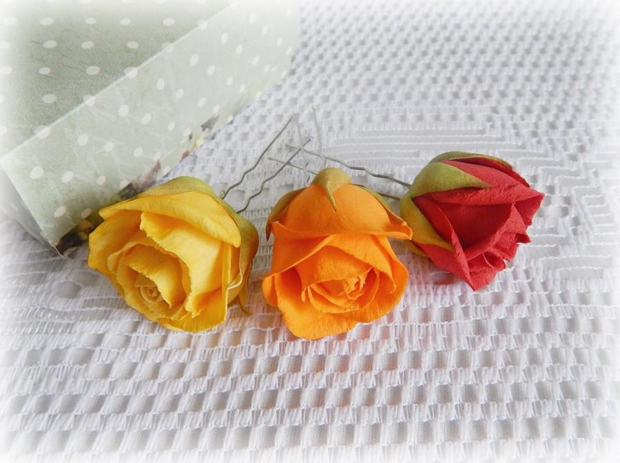 Mariage - Set 3 hair pins, Bridal hair pin, Autumn hairpins, Floral hairpiece, Red orange yellow roses, Bridal hairpiece, Fall wedding, Small flowers - $16.00 USD
