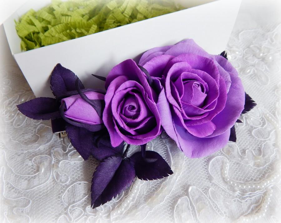 Wedding - Purple barrette, Lilac hair clip, Purple wedding, Violet realistic flowers, Violet hairclip, Violet barrette, Purple hair piece, Bridesmaid - $26.00 USD