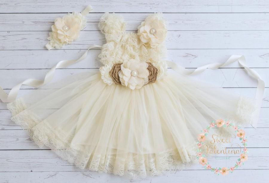 Wedding - Rustic flower girl dress,burlap girls lace dress, Ivory flower girl dress, lace flower girl dress, country flower girl dress, Easter dress.