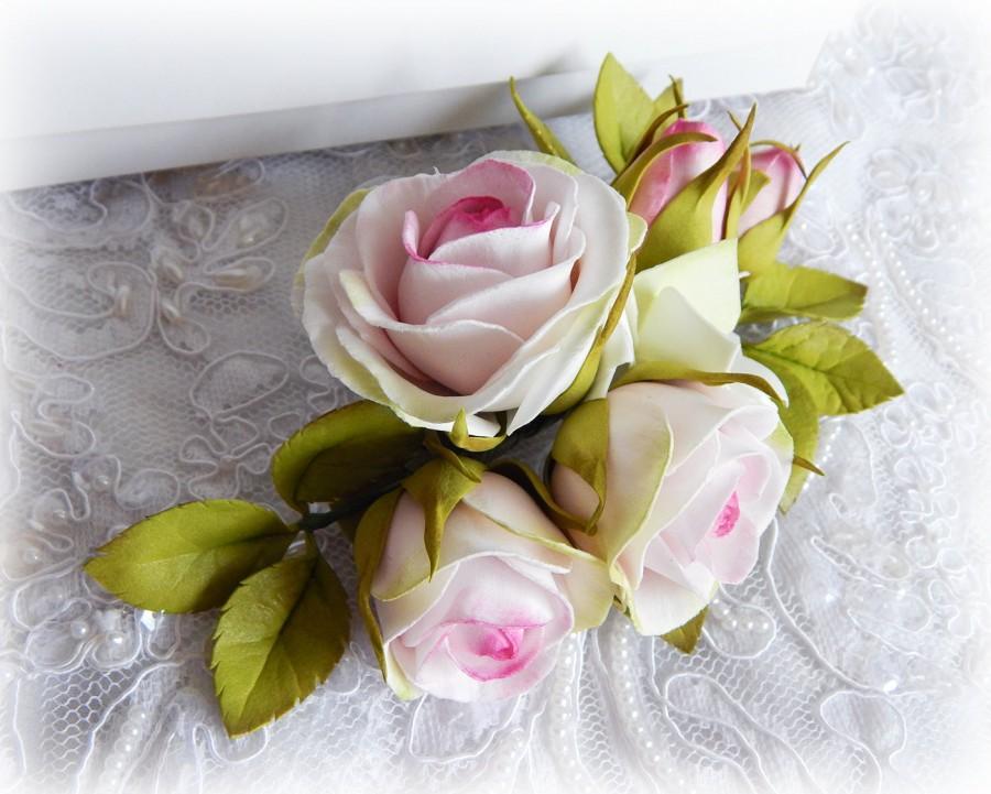 Wedding - Wedding barrette, Pink realistic flowers, Rose hair clip, Pink flowers, Bridal hairpiece, Pink hairclips, Bridal hair comb, White flowers - $30.00 USD
