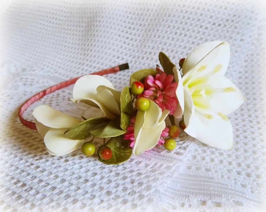 Wedding - Boho flower crown, Pink white wreath, Women pink headband, Hair hoop flower, Bridal wreath, Wedding halo, Romantic crown, Floral headpiece - $30.00 USD