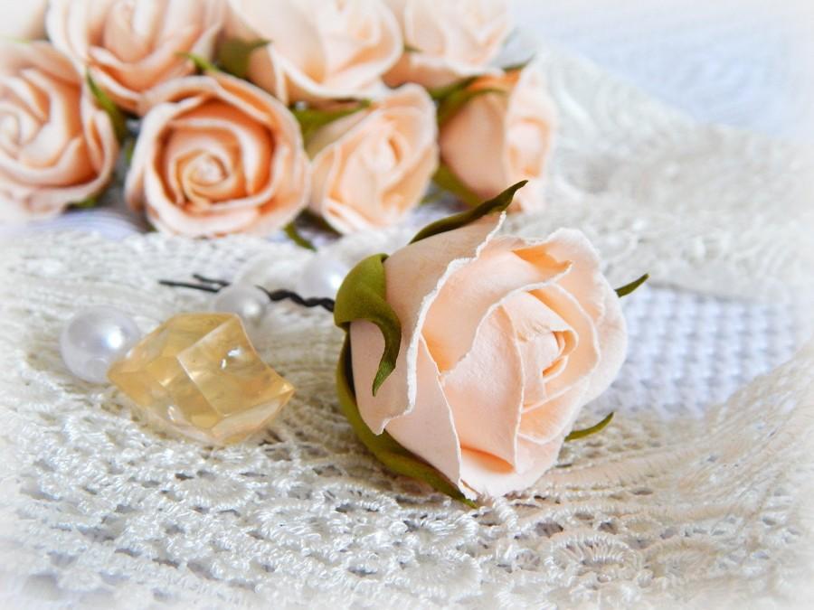 زفاف - Bridal hair pin, Flower hairpin, Apricot hair pins, Peach flowers hair, Floral hair pin, Bridesmaid headpiece, Bridesmaid gift, Small roses - $6.00 USD