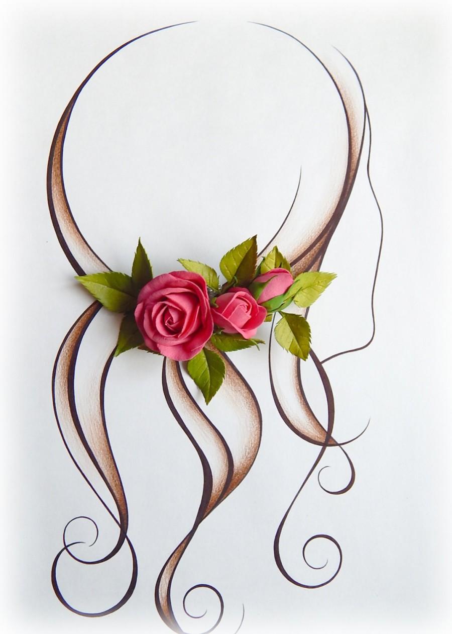 زفاف - Flower hair clips, Floral hair comb, Dark pink hair clip, Alligator clip, Pink roses, Floral headpiece, Bridal barrette, Pink floral wedding - $26.00 USD