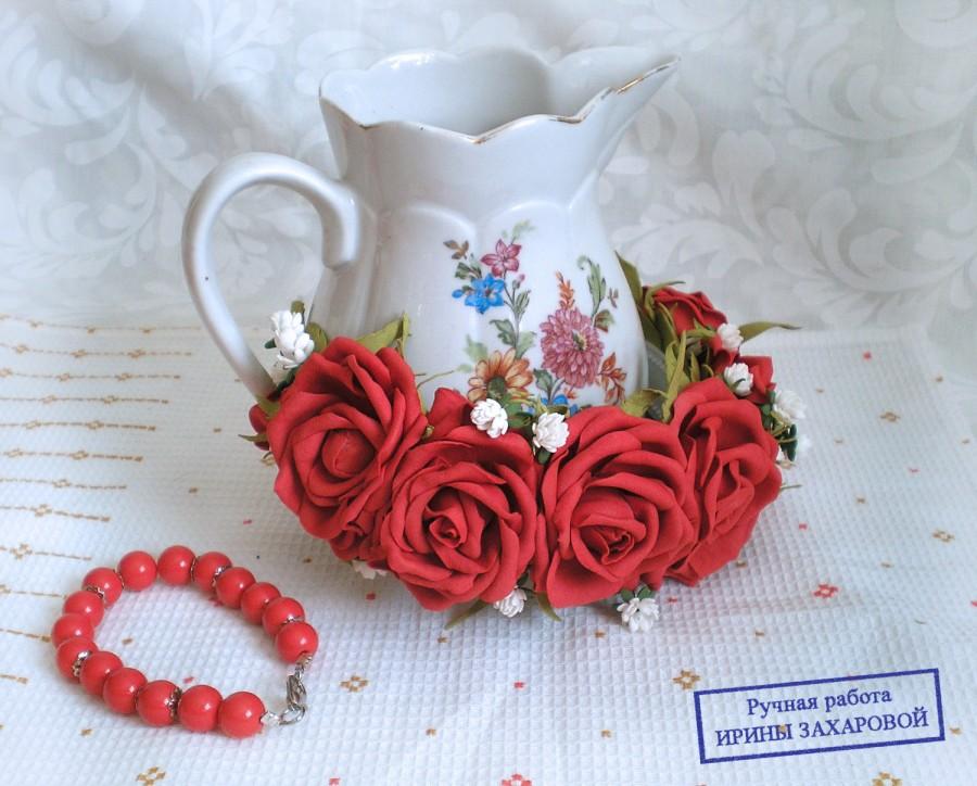 Mariage - Red flower crown, Headband rose, Flower Wreath, Bridal hair piece, Floral crown, Red roses, Red headpiece, Ukrainian crown, Red wedding - $45.00 USD