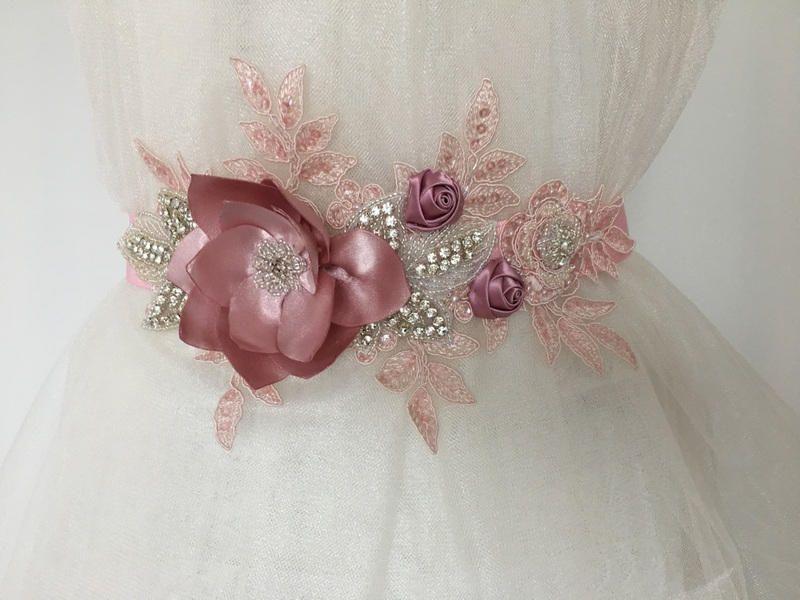 Mariage - EXPRESS SHIPPING Lace Bridal Sash Belt, Pink Lace Bridal Sash, Rhinestone Sash, Bridal Belt, Floral Sash, Romantic Bridal Belt Sash - $65.90 USD