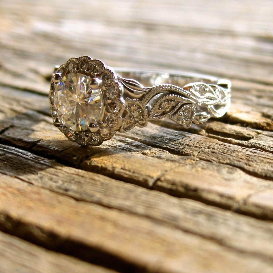 زفاف - Forever Classic Moissanite Engagement Ring in 14K White Gold with Diamonds in Flower Buds and Leafs on Vine Motif Size 6