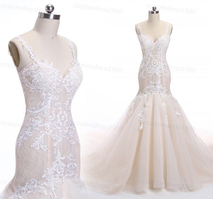 زفاف - Summer Beach Lace Wedding Dress, Mermaid Wedding Dresses with Spaghetti Straps, Illusion Backless Lace Bridal Gowns With Champagne Lining