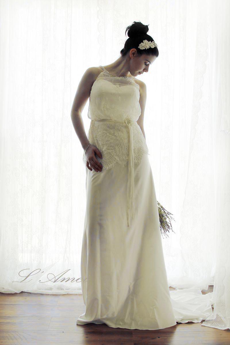 زفاف - Unique Simple Column Wedding Bridal Dress with Embellished Neckline and Small Train - AM 1985602