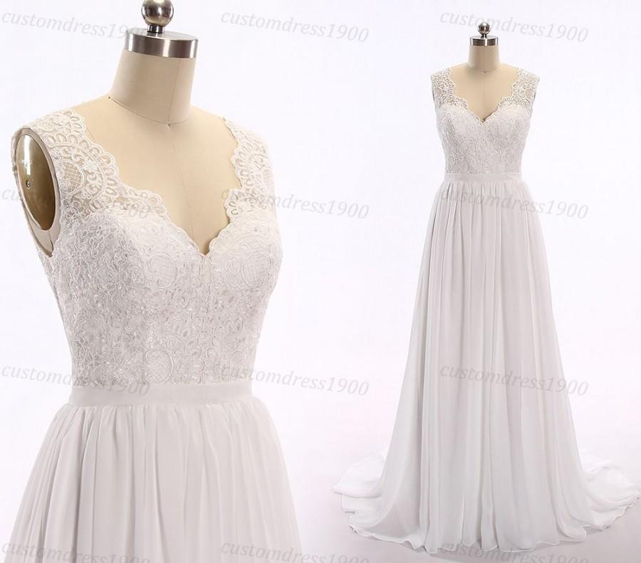 Hochzeit - A-Line Lace Wedding Dresses, V Backless Chiffon Wedding Dress, Boho Wedding Dress, Summer Beach Wedding Gown, Bohemian Wedding Dress