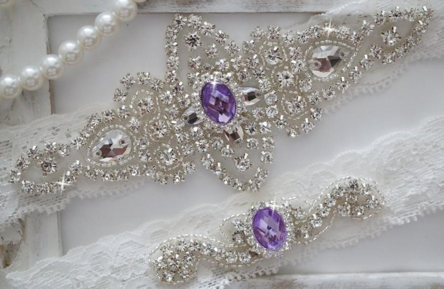 زفاف - SALE - Wedding Garter Set, Bridal Garter Set, Vintage Wedding, Ivory Lace Garter, Purple Wedding Garter- Style 100C - Style 100C
