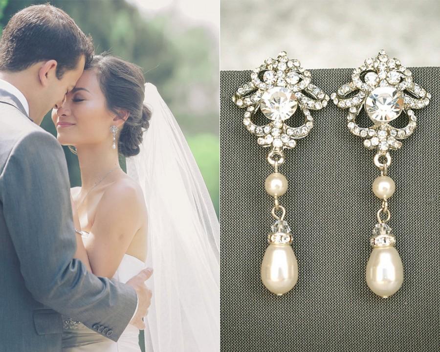 زفاف - Bridal Earrings, Wedding Earrings, Swarovski Pearl and Crystal Rhinestone Dangle Earrings, Teardrop Drop Earrings, Bridal Jewelry, JOLENE
