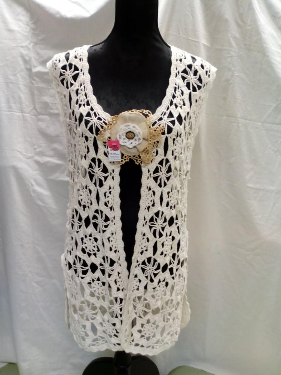 زفاف - Sale 20%off/Crochet/white Ivory Vest/Vintage/Size M/Endladesign/Elegant/Handmade/rustic/country chic/western chic/shabby chic/cotton